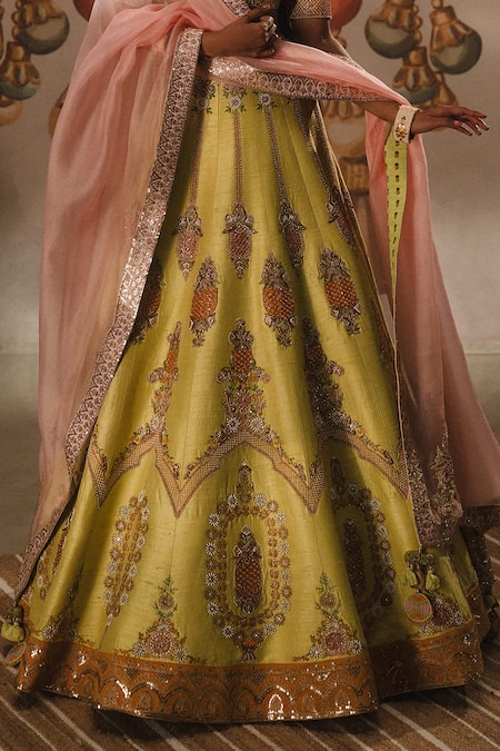 Masaba Green , Organza Embroidery, Sequins The Pista Kulfi Bridal Lehenga Set Online at Aza Fashions Masaba_Green , Organza Embroidery, Sequins The Pista Kulfi Bridal Lehenga Set _Online_at_Aza_Fashions