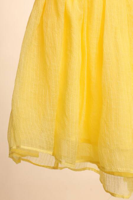 Shop_Casa Ninos_Yellow Kota Doria Embroidery, Lace, Fringe Floral Yoke Kurta With Sharara_Online_at_Aza_Fashions