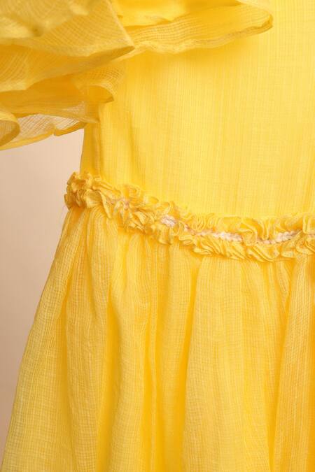 Casa Ninos_Yellow Kota Doria Embroidery, Lace, Fringe Floral Yoke Kurta With Sharara_at_Aza_Fashions