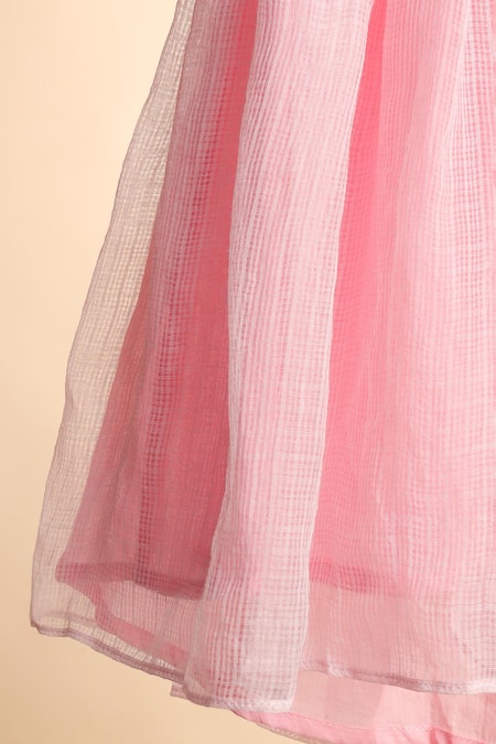 Casa Ninos_Pink Kota Doria, Linen Embroidery Halter Neck Kurta With Sharara _Online_at_Aza_Fashions