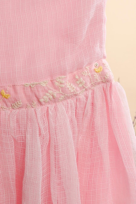 Shop_Casa Ninos_Pink Kota Doria, Linen Embroidery Halter Neck Kurta With Sharara _Online_at_Aza_Fashions