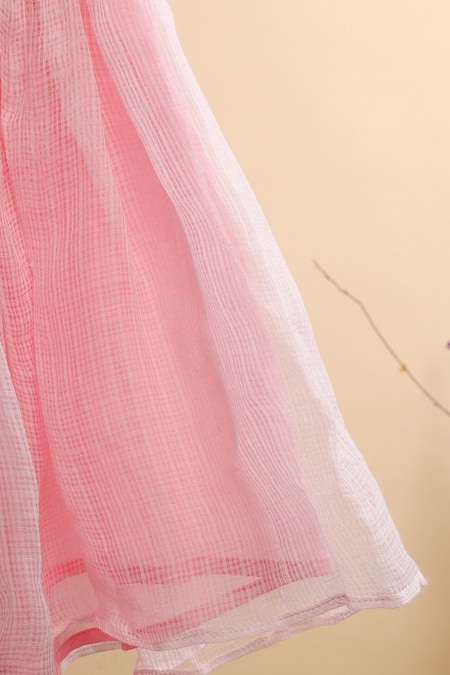 Casa Ninos_Pink Kota Doria, Linen Embroidery Halter Neck Kurta With Sharara _at_Aza_Fashions