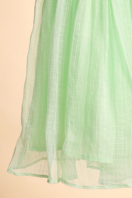 Casa Ninos_Green Kota Doria Pom-poms, Embroidery Detailed Kurta With Sharara _Online_at_Aza_Fashions