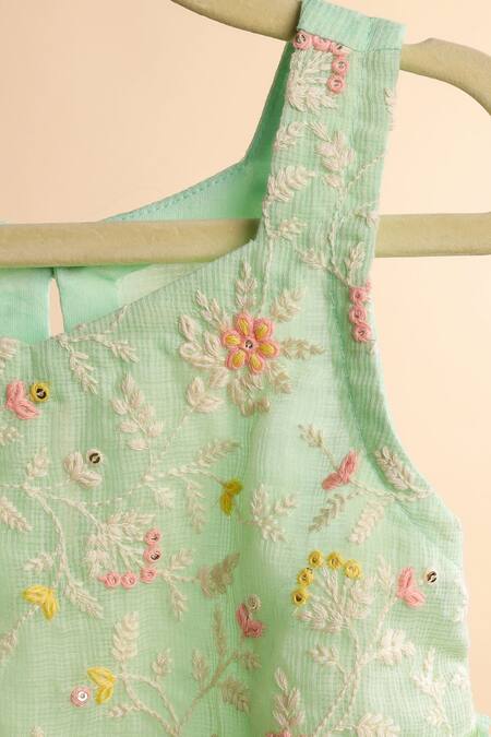 Casa Ninos_Green Kota Doria Embroidery Floral Kurta With Sharara _Online_at_Aza_Fashions