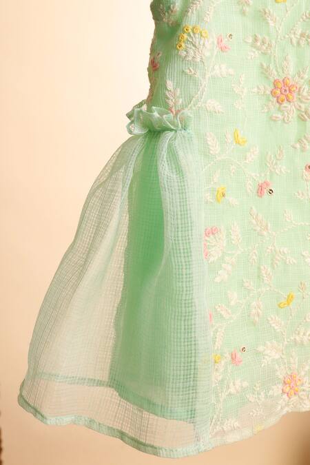 Casa Ninos_Green Kota Doria Embroidery Floral Kurta With Sharara _at_Aza_Fashions
