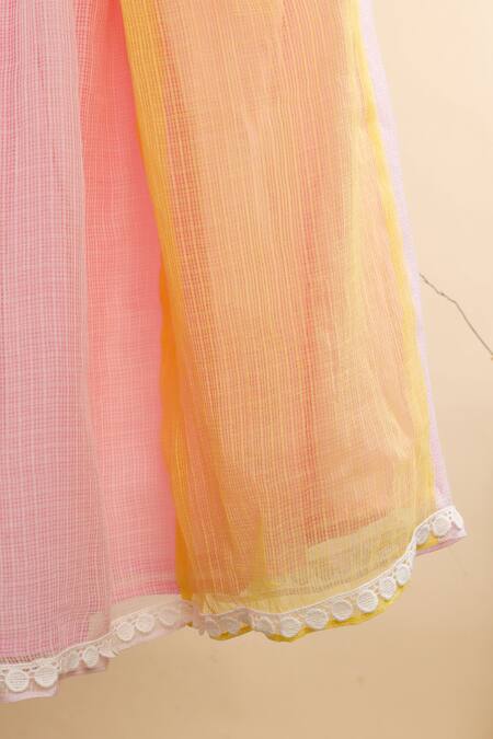 Buy_Casa Ninos_Pink Kota Doria, Cotton Embroidery, Lace Floral Blouse With Lehenga _Online_at_Aza_Fashions