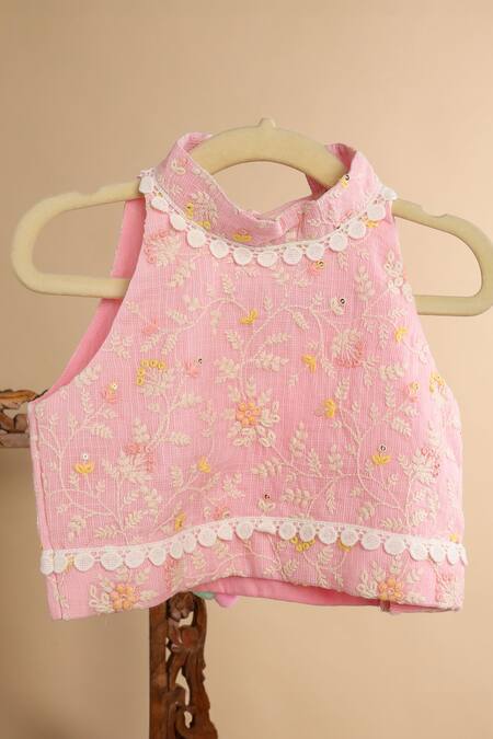 Shop_Casa Ninos_Pink Kota Doria, Cotton Embroidery, Lace Floral Blouse With Lehenga _Online_at_Aza_Fashions