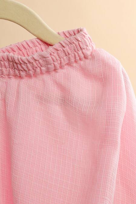 Buy_Casa Ninos_Pink Kota Doria, Cotton Embroidery, Lace Floral Blouse With Lehenga 