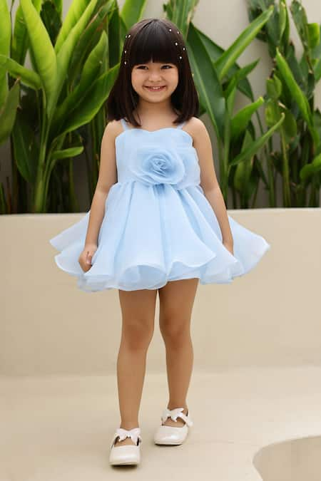 JANYAS CLOSET Blue Organza Embellished Floral Applique Elsa Rose Dress And Overskirt Set 