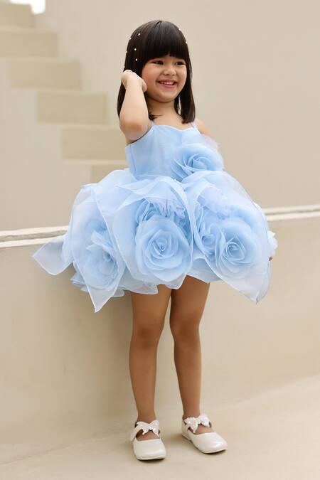 Buy_Janyas Closet_Blue Silk, Organza Fabric Elsa Rose Applique Embellished Dress And Overskirt Set _Online_at_Aza_Fashions