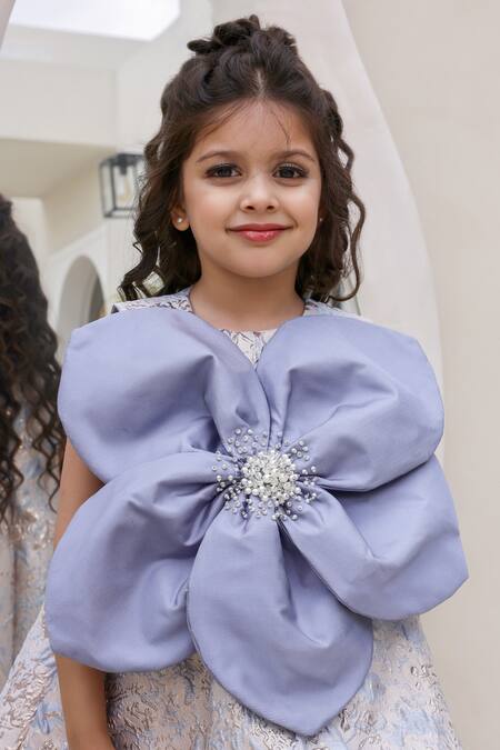 Janyas Closet_Blue Jacquard, Taffeta Pearls, Applique Belles Grace Floral Woven Dress _Online_at_Aza_Fashions