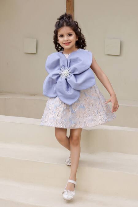 Buy_Janyas Closet_Blue Jacquard, Taffeta Pearls, Applique Belles Grace Floral Woven Dress _Online_at_Aza_Fashions