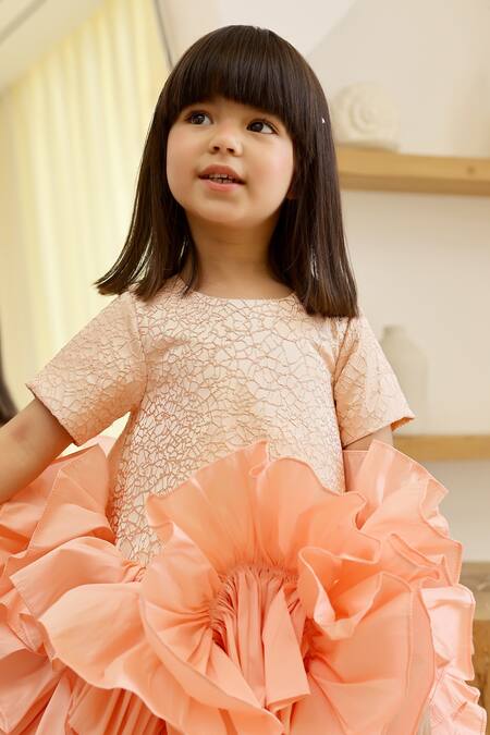 Buy_Janyas Closet_Peach Jacquard Fabric Woven Floral Princess Abstract Frill Dress_Online_at_Aza_Fashions