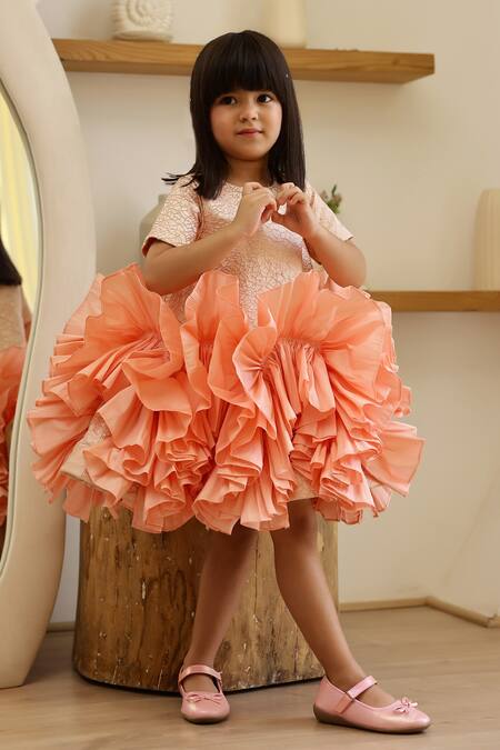 Janyas Closet_Peach Jacquard Fabric Woven Floral Princess Abstract Frill Dress_at_Aza_Fashions