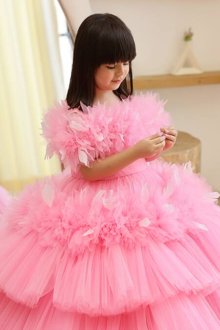 Janyas Closet_Pink Net Embellished Feathers Princess Dreamer Frilled Applique Gown_Online_at_Aza_Fashions