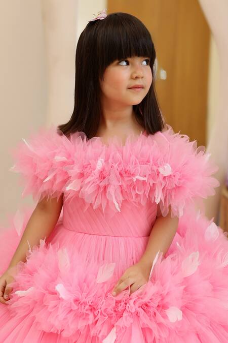 Shop_Janyas Closet_Pink Net Embellished Feathers Princess Dreamer Frilled Applique Gown_Online_at_Aza_Fashions