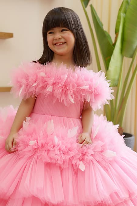 Janyas Closet_Pink Net Embellished Feathers Princess Dreamer Frilled Applique Gown_at_Aza_Fashions