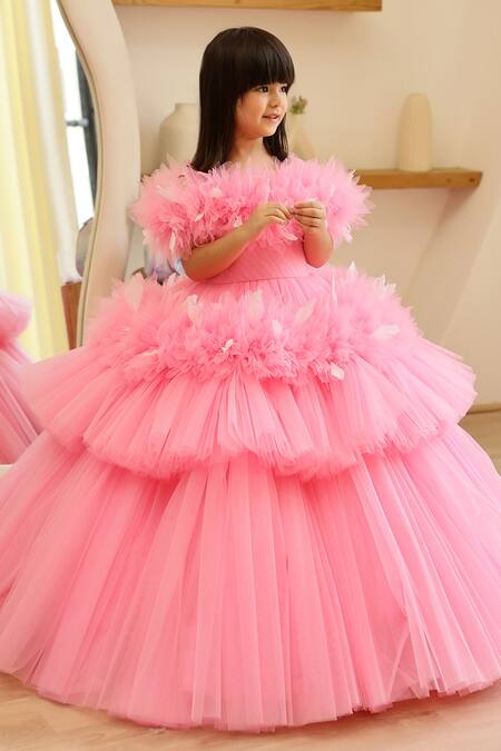 Buy_Janyas Closet_Pink Net Embellished Feathers Princess Dreamer Frilled Applique Gown