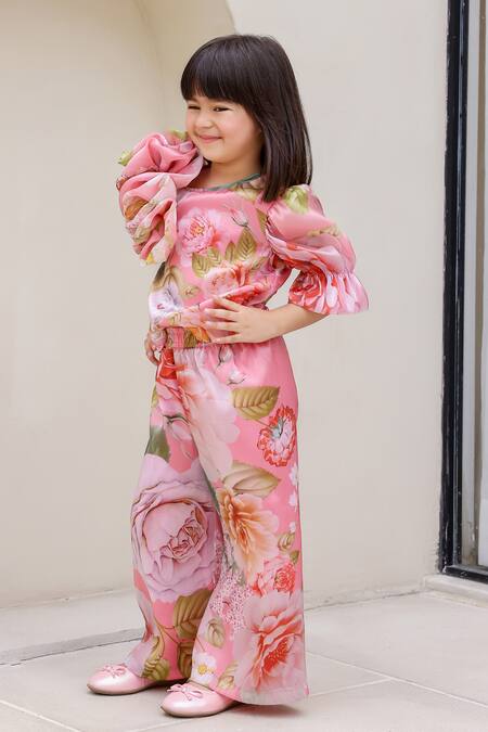 Janyas Closet_Pink Organza Flower Pattern Top With Palazzo_Online_at_Aza_Fashions