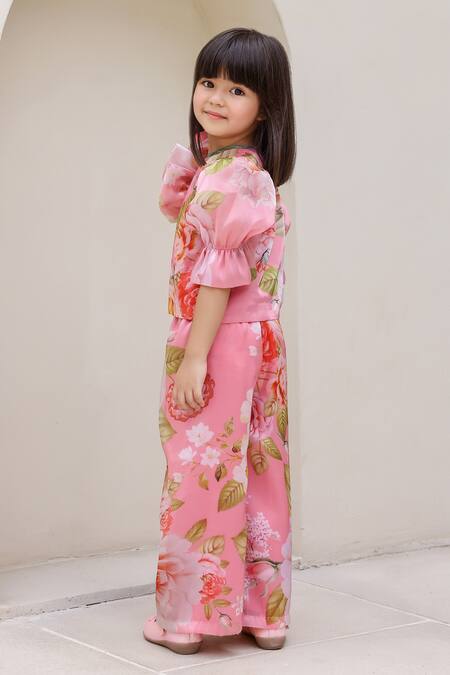 Buy_Janyas Closet_Pink Organza Flower Pattern Top With Palazzo_Online_at_Aza_Fashions