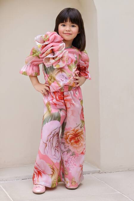 Buy_Janyas Closet_Pink Organza Flower Pattern Top With Palazzo
