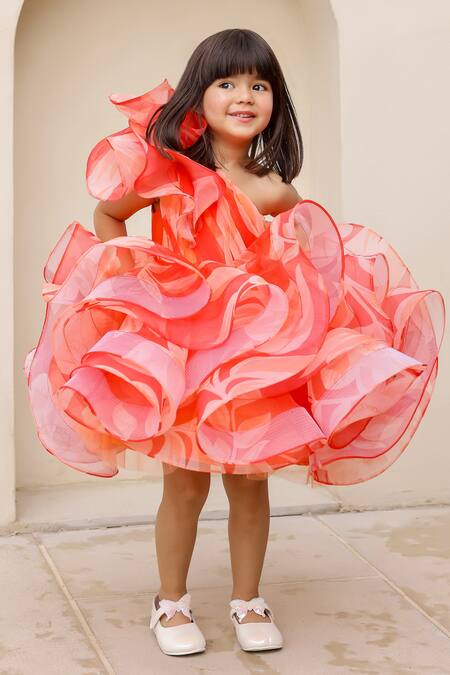 Janyas Closet_Red Silk, Organza, Linen Embroidery One Shoulder Printed Dress _Online_at_Aza_Fashions