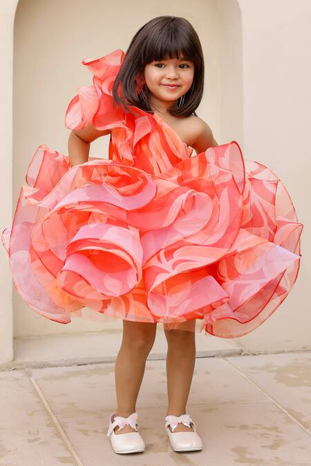 Buy_Janyas Closet_Red Silk, Organza, Linen Embroidery One Shoulder Printed Dress _Online_at_Aza_Fashions