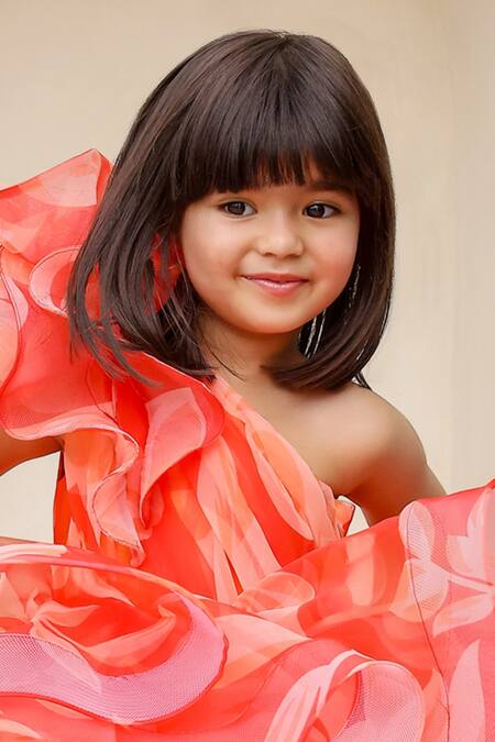 Shop_Janyas Closet_Red Silk, Organza, Linen Embroidery One Shoulder Printed Dress _Online_at_Aza_Fashions