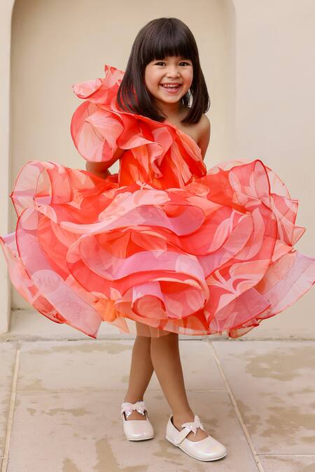 Janyas Closet_Red Silk, Organza, Linen Embroidery One Shoulder Printed Dress _at_Aza_Fashions