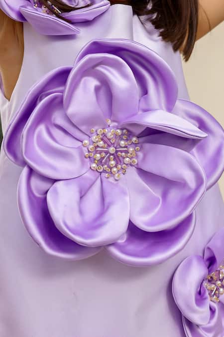 Janyas Closet_Purple Satin Silk Embellished Flower Enchanted Dress_at_Aza_Fashions