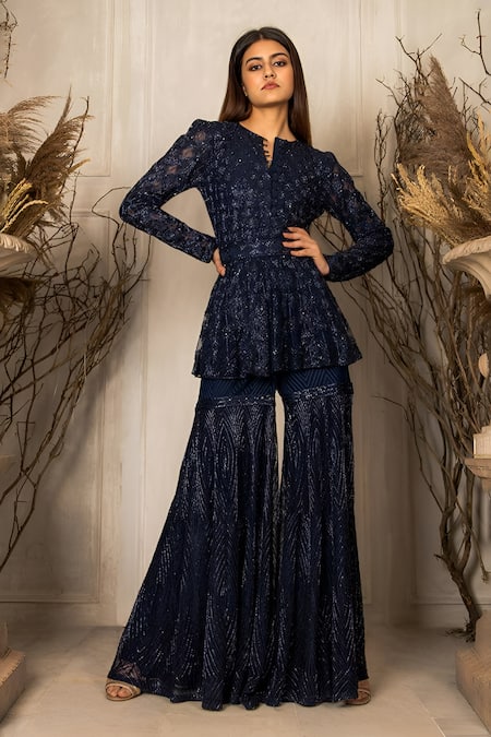 Shop Ritika Mirchandani Blue Net, Crepe, Sofiya Geometric Embellished Peplum Kurta Sharara Set at Aza Fashions Shop_Ritika Mirchandani_Blue Net, Crepe, Sofiya Geometric Embellished Peplum Kurta Sharara Set _at_Aza_Fashions