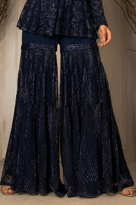 Ritika Mirchandani Blue Net, Crepe, Sofiya Geometric Embellished Peplum Kurta Sharara Set Online at Aza Fashions Ritika Mirchandani_Blue Net, Crepe, Sofiya Geometric Embellished Peplum Kurta Sharara Set _Online_at_Aza_Fashions