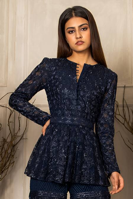 Buy Ritika Mirchandani Blue Net, Crepe, Sofiya Geometric Embellished Peplum Kurta Sharara Set Online at Aza Fashions Buy_Ritika Mirchandani_Blue Net, Crepe, Sofiya Geometric Embellished Peplum Kurta Sharara Set _Online_at_Aza_Fashions