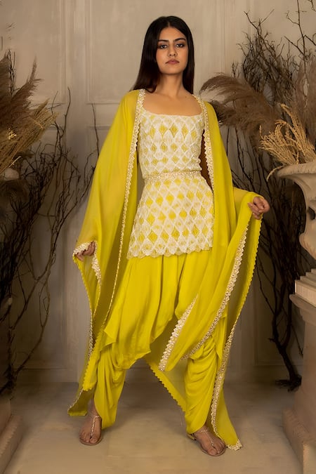 Ritika Mirchandani Yellow Crepe Embellished Crystal Cape Open Viktoriya Border Kurta Set 