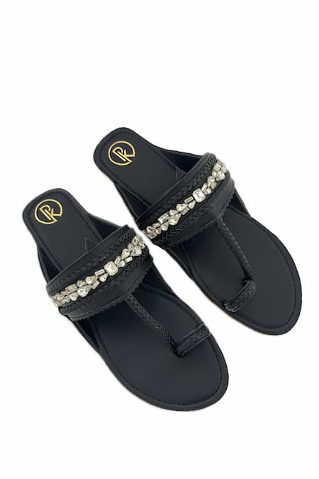 PREET KAUR Black Stone Hand Embellished Kolhapuri Flats 