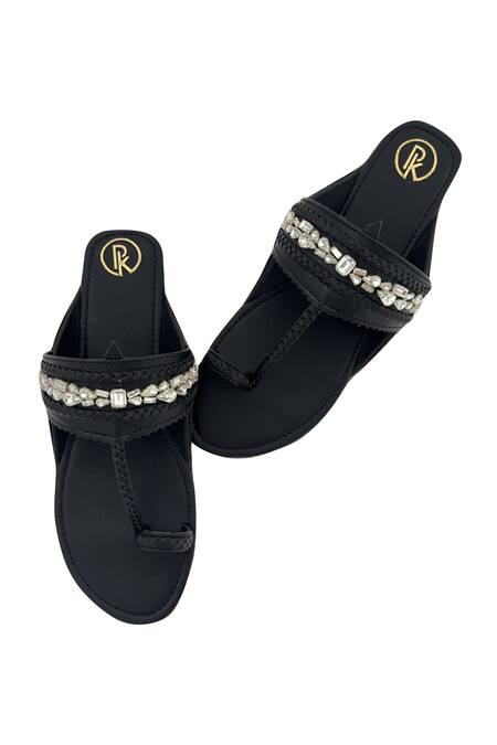 Buy_Preet Kaur_Black Hand Embellished Kolhapuri Flats _Online_at_Aza_Fashions