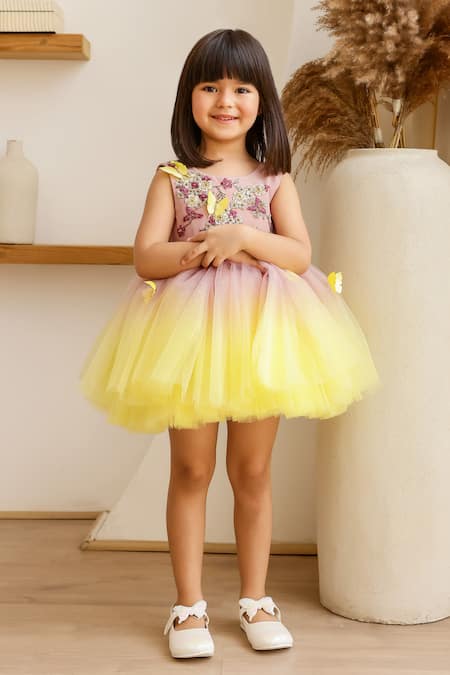 Janyas Closet_Brown Silk, Net Fabric Flowers Butterfly Detailed Ombre Dress _Online_at_Aza_Fashions