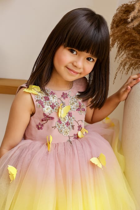 Buy_Janyas Closet_Brown Silk, Net Fabric Flowers Butterfly Detailed Ombre Dress _Online_at_Aza_Fashions