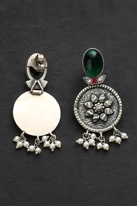 Shop Mero Jewellery Green Pearls Kundan Studded Floral Carved Earrings at Aza Fashions Shop_Mero Jewellery_Green Pearls Kundan Studded Floral Carved Earrings _at_Aza_Fashions