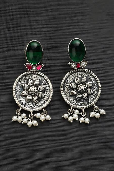 Mero Jewellery Green Pearls Kundan Studded Floral Carved Earrings Online at Aza Fashions Mero Jewellery_Green Pearls Kundan Studded Floral Carved Earrings _Online_at_Aza_Fashions