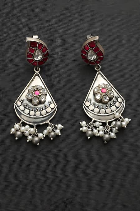 Shop Mero Jewellery Pink Pearls, Stones Kundan Studded Kairi Drop Earrings at Aza Fashions Shop_Mero Jewellery_Pink Pearls, Stones Kundan Studded Kairi Drop Earrings_at_Aza_Fashions