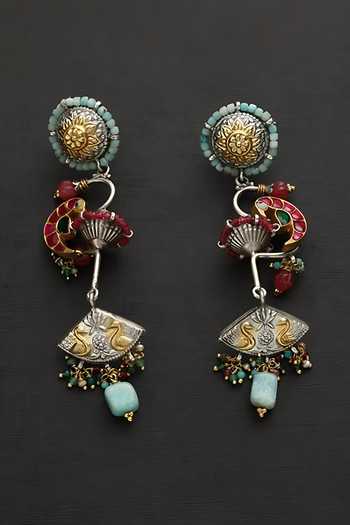 Mero Jewellery_Multi Color Crystals, Stones Bird Motif Carved Fusion Earrings_Online_at_Aza_Fashions