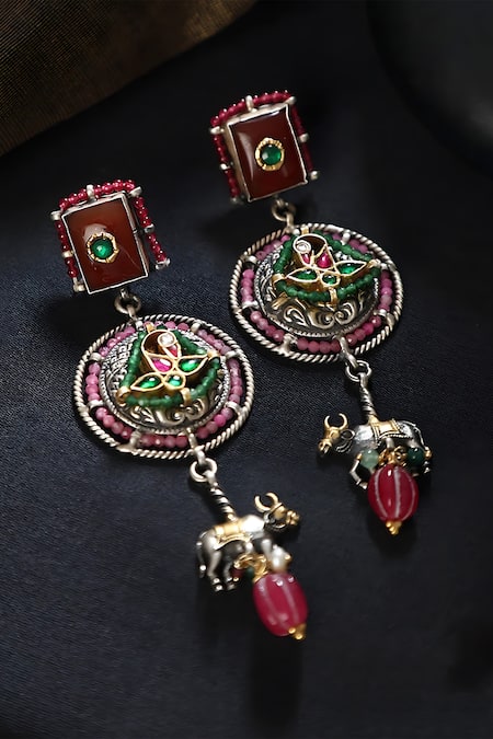 Mero Jewellery Multi Color Kundan Nandi Motif Carved Earrings 