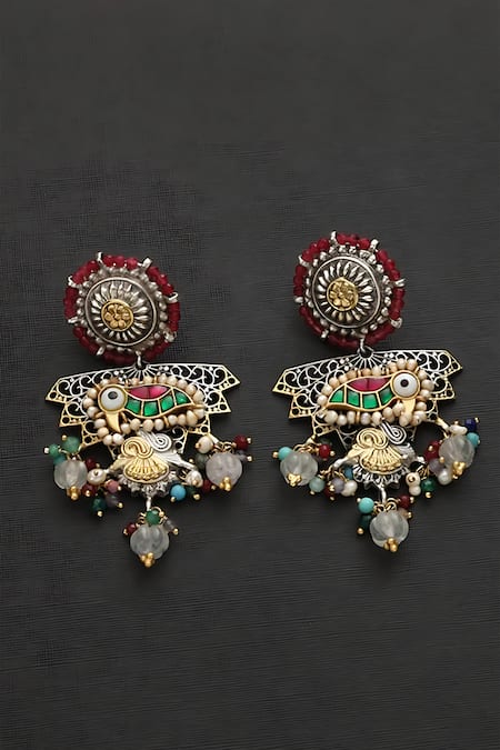 Mero Jewellery Multi Color Kundan Peacock Carved Earrings 