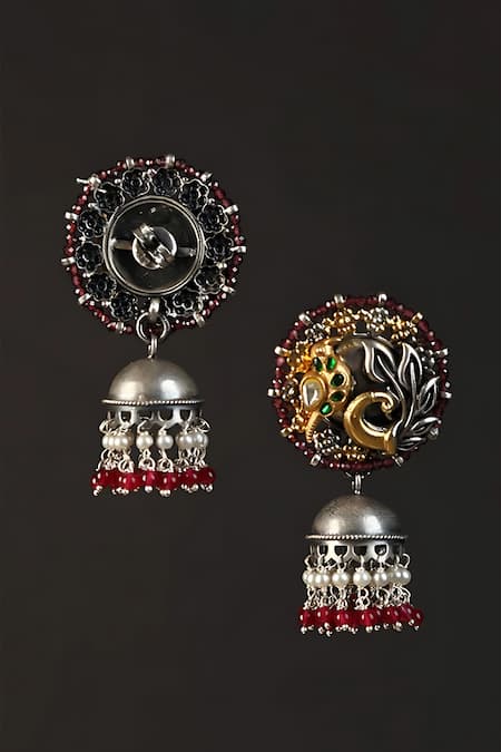 Shop Mero Jewellery Multi Color Bird Motif Carved Jhumkas at Aza Fashions Shop_Mero Jewellery_Multi Color Bird Motif Carved Jhumkas _at_Aza_Fashions