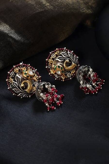 Mero Jewellery Multi Color Bird Motif Carved Jhumkas Online at Aza Fashions Mero Jewellery_Multi Color Bird Motif Carved Jhumkas _Online_at_Aza_Fashions