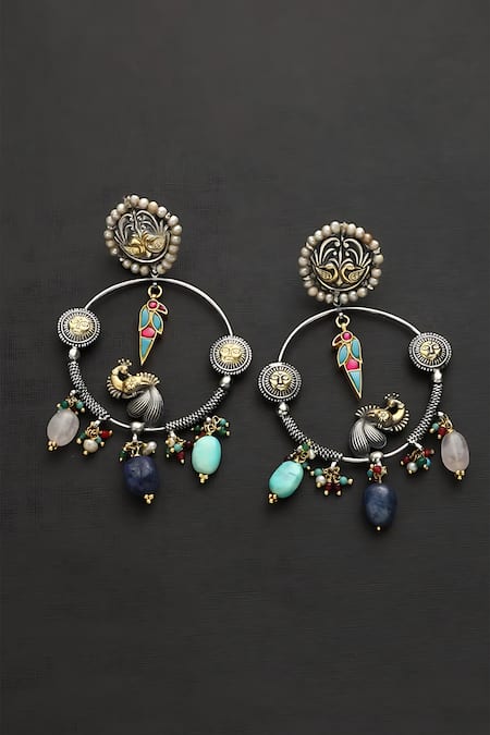 Mero Jewellery Multi Color Kundan Peacock Carved Dangler Earrings 