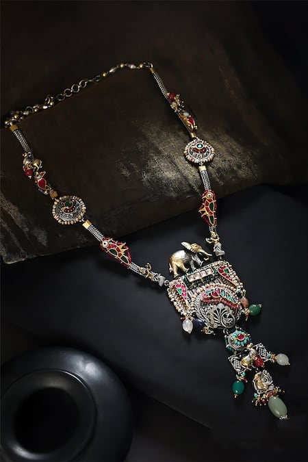 Mero Jewellery Multi Color Kundan Animal Motif Carved Necklace 