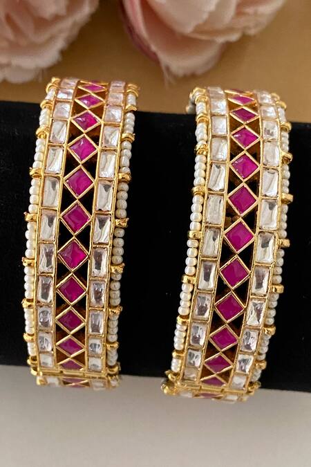 Namasya_Pink Beads, Stones Kundan Studded Bangle - Set Of 2 _Online_at_Aza_Fashions