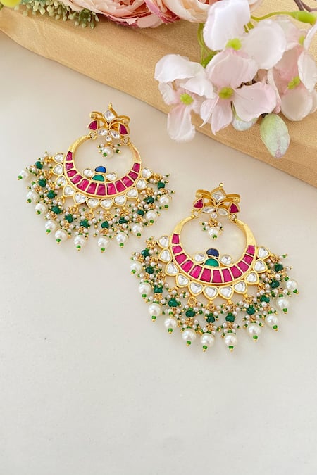Shop Namasya Pink Beads, Diamonds Kundan Embellished Chandbalis at Aza Fashions Shop_Namasya_Pink Beads, Diamonds Kundan Embellished Chandbalis _at_Aza_Fashions